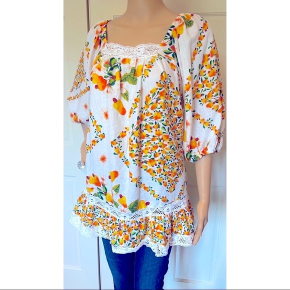 Artlier by Nicole Miller Orange Fruit Linen Top - Picture 5 of 11